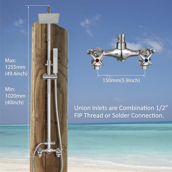 Aolemi Outdoor Shower Kit with Handheld,Square Rain Shower,Polish Chrome | 2-Handle Hot and Cold Control, Adjustable Height, 6-Inch Center Valve, 59-Inch Hose, Winter Drainage Outdoor Shower Fixtures