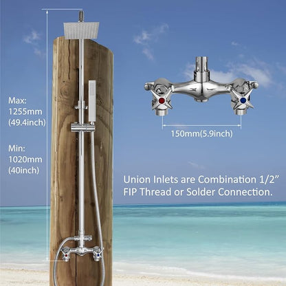 Aolemi Outdoor Shower Kit with Handheld,Square Rain Shower,Polish Chrome | 2-Handle Hot and Cold Control, Adjustable Height, 6-Inch Center Valve, 59-Inch Hose, Winter Drainage Outdoor Shower Fixtures
