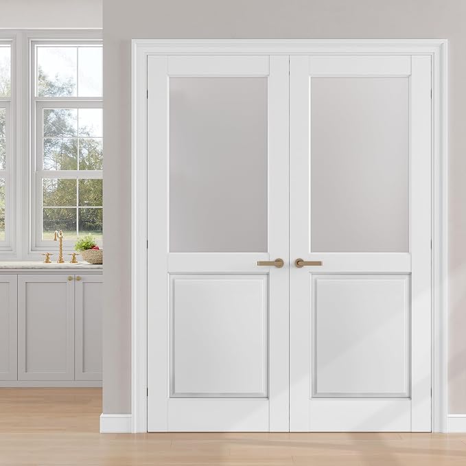 SMARTSTANDARD 60" x 80" Frosted Glass Interior Door Slab, Solid Core | Pre-Assembled French Slab Door for Pantry Laundry Closet Bathroom, without Hardware, White Primed, Paintable Surface
