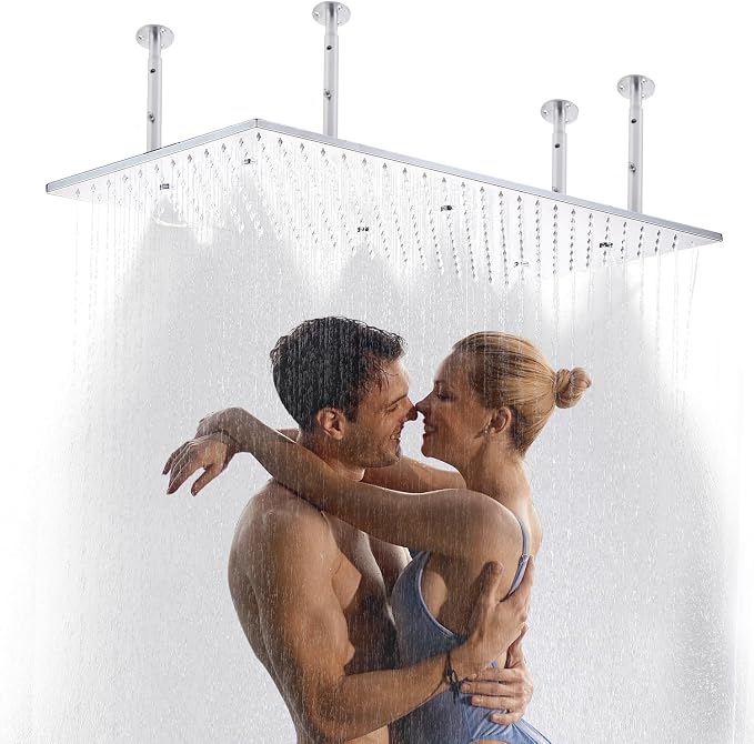 Dual Functions Luxury High Pressure Rain Shower Head, 16"x32" Large Ceiling Full Body Shower Head with Silicone Nozzles Rectangle Mist Showerhead, Modern Chrome Finish