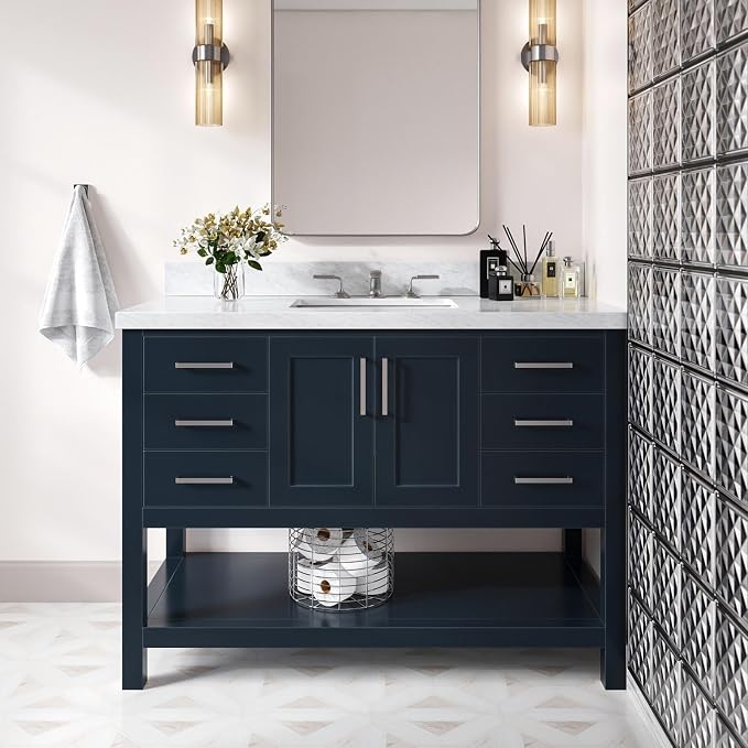 Olivia 48" Midnight Blue Bathroom Vanity with Sink, 1.5" Italian Carrara Marble Countertop, Rectangular Undermount Sink, 2 Soft Closing Doors, 6 Dovetail Drawers, Brushed Nickel