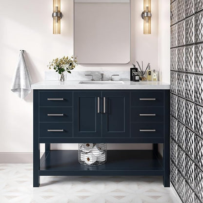 Olivia 48" Midnight Blue Bathroom Vanity with Sink, 1.5" Italian Carrara Marble Countertop, Rectangular Undermount Sink, 2 Soft Closing Doors, 6 Dovetail Drawers, Brushed Nickel