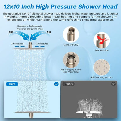 Hibbent High Pressue All Metal 12" Rainfall Shower Head, Handheld 10-Spray | cUPC Certified Brushed Nickel Dual Showerhead Combo, 4-way Diverter with Pause Mode, Brass Extension Arm, 71'' Hose & Holder