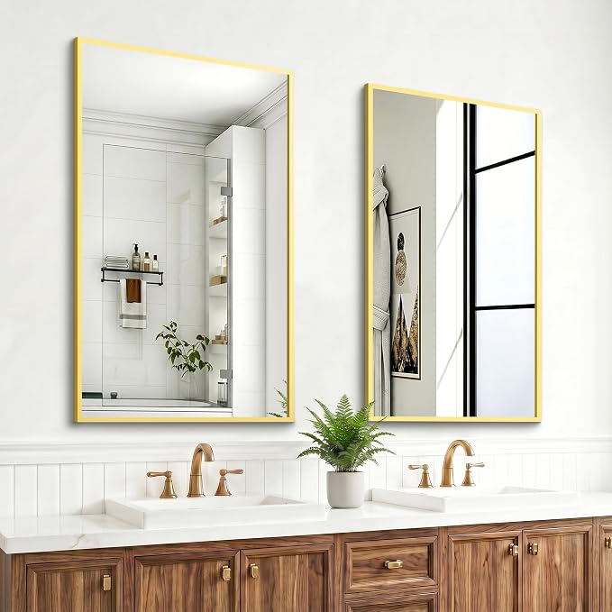 Bathroom Mirror for Wall, 36"x24" Gold Vanity Mirror | Sturdy Rectangular Metal Frame, HD Tempered Glass, Hangs Horizontally or Vertically in Bedroom, Living Room, Entryway