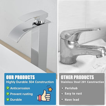 RUMOSE Tall Polished Chrome Bathroom Faucet with Pop Up Drain Modern Single Handle One Hole Bathroom Vessel Sink Faucet Waterfall Spout Rv Lavatory Vanity Faucet Deck Mount Mixer Tap, Stainless Steel