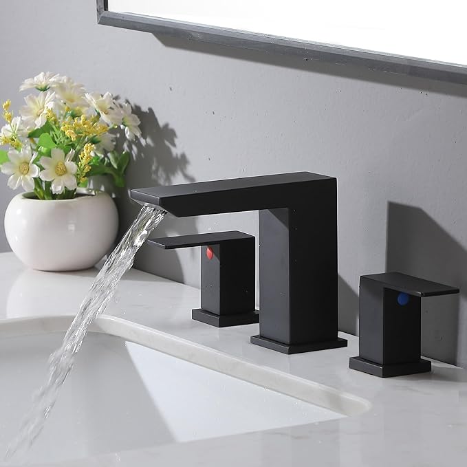 VCCUCINE Black Waterfall Bathroom Faucet 8 Inch Widespread Bathroom Sink Faucet 3 Hole,Modern Matte Black Vanity Bathroom Faucets for Sink with Pop Up Drain and Supply Lines