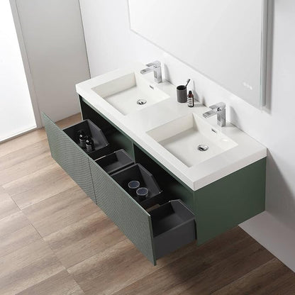 Blossom 60 Inch Double Sink Bathroom Vanity with Side Cabinets, All Wood Wall Mounted Floating Bathroom Vanity Cabinet with Acrylic Sinks, Soft-Close Drawers, Bathroom Vanities, Aventurine Green