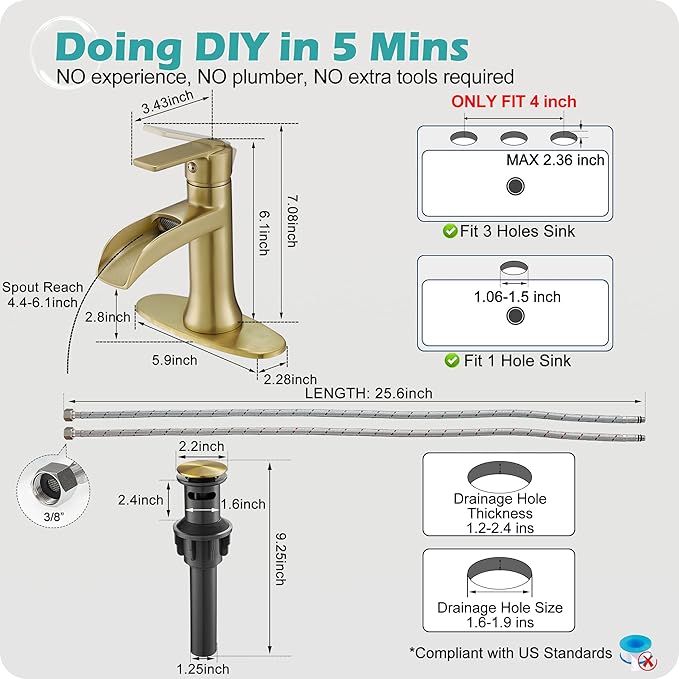 Brushed Gold Waterfall Bathroom Faucet Single Handle, 4 Inch 1 or 3 Hole Brass Bathroom Sink Faucets with Pop-Up Drain & Deck Plate for Vanity, Restroom, RV, Modern, 5 Mins Quick Install