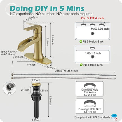 Brushed Gold Waterfall Bathroom Faucet Single Handle, 4 Inch 1 or 3 Hole Brass Bathroom Sink Faucets with Pop-Up Drain & Deck Plate for Vanity, Restroom, RV, Modern, 5 Mins Quick Install