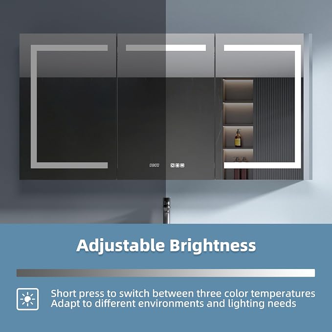 Medicine Cabinet with Lights 60x30 Anti-Fog Mirror Dimmable | 3 Color Dimmable LED. Time/Temp Display. Anti-Fog IP44. 2 Outlets+2 USB. Plug-in/Hardwired. Recessed/Wall Mount.