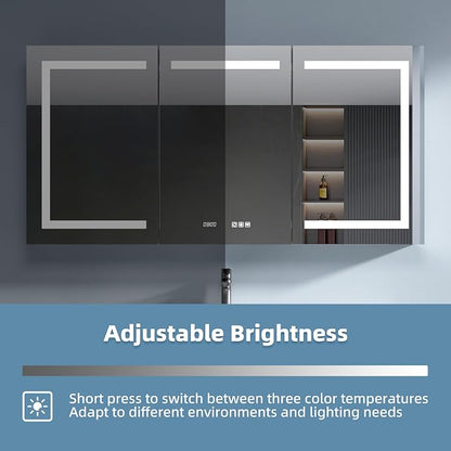 Medicine Cabinet with Lights 60x30 Anti-Fog Mirror Dimmable | 3 Color Dimmable LED. Time/Temp Display. Anti-Fog IP44. 2 Outlets+2 USB. Plug-in/Hardwired. Recessed/Wall Mount.