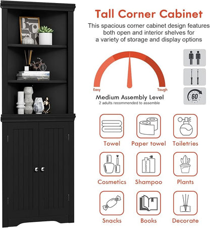 YESHOMY Corner Cabinet, Storage Cupboard with Doors, Black | Tall Storage Cabinet with Adjustable Shelves, for Living Room, Bathroom, Kitchen