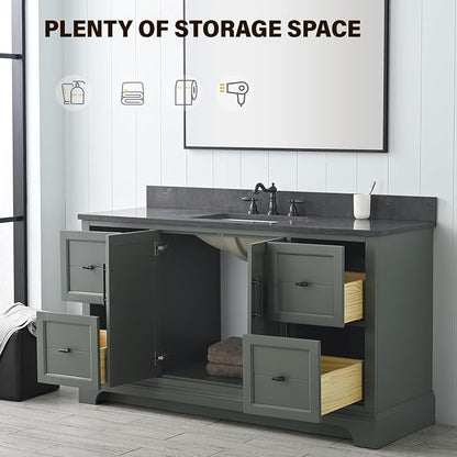 Vanity Art 60 Inch Bathroom Vanity with Single Sink, Silver Grey | Solid Wood, Ceramic Sink, Marble Top, Waterproof Backsplash, Pre-assembled, Soft-close Doors, Ample Storage, Freestanding
