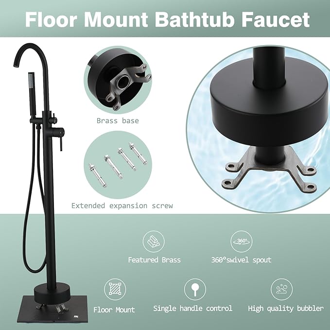 Freestanding Bathtub Faucet - Free Standing Tub Faucet with Swivel Gooseneck Spout and Cylinder Handheld for Bathroom Bathtubs, Matte Black