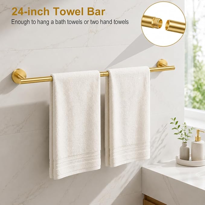 Brushed Gold Bathroom Accessories Set, 6 Pieces Gold Towel Bar Bathroom Hardware Set, 24 Inch Towel Racks for Bathroom, SUS304 Stainless Steel Bathroom Towel Holder Toilet Paper Holder Wall Mounted