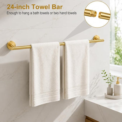 Brushed Gold Bathroom Accessories Set, 6 Pieces Gold Towel Bar Bathroom Hardware Set, 24 Inch Towel Racks for Bathroom, SUS304 Stainless Steel Bathroom Towel Holder Toilet Paper Holder Wall Mounted