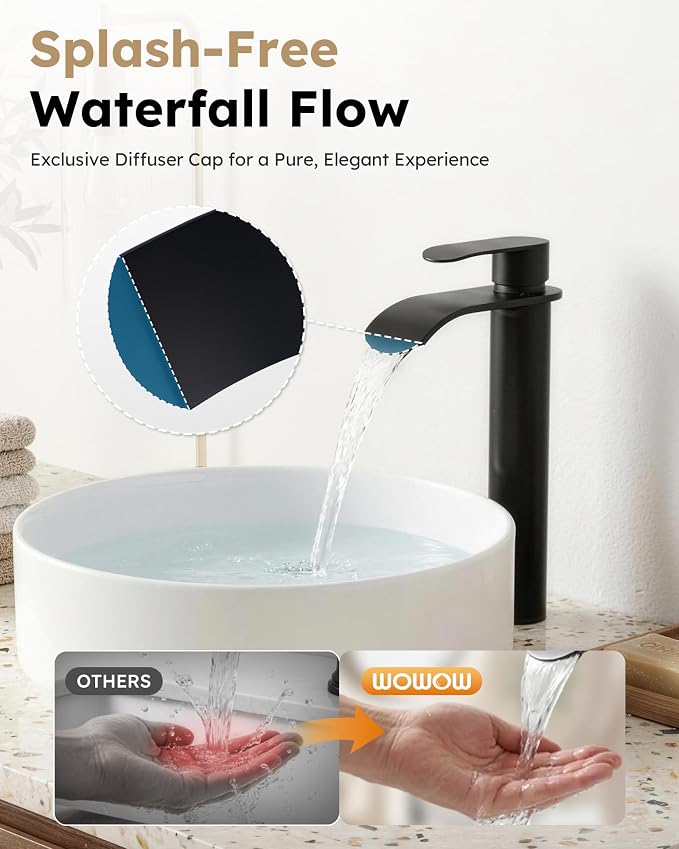 Vessel Sink Faucet Black for Bathroom：WOWOW Single Handle Tall Bathroom Faucet - Waterfall Single Hole Mixer Bar Tap with Large Rectangular Spout, Deck Mount Lavatory Vanity with Pop Up Drain