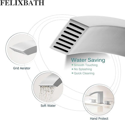 Waterfall Bathroom Faucets Brushed Nickel, 3 Hole Bathroom Sink Faucet, 8 inch Widespread Bathroom Sink Faucet with Pop Up Drain, 2 Handles Modern Vanity Faucet with Supply Lines