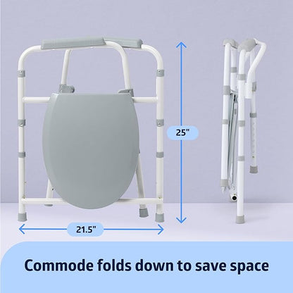 Medline 3-in-1 Steel Bedside Commode, Elongated Seat, Sturdy Folding Frame, 7.5 QT. Bucket, 350 lb. Weight Capacity, Clip-on Seat, Easy Cleaning, Tool-Free Assembly, Gray