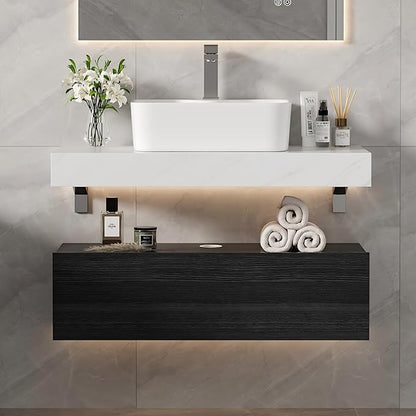 homary 35'' Floating Bathroom Vanity with Sintered Stone Countertop, Wall-Mounted Bathroom Cabinet with Ceramic Sink & Drawer Storage, Waterproof Modern Single Vanity, Black