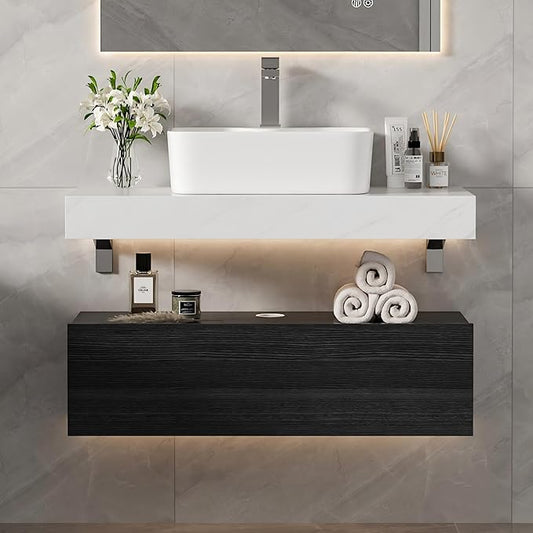 homary 35'' Floating Bathroom Vanity with Sintered Stone Countertop, Wall-Mounted Bathroom Cabinet with Ceramic Sink & Drawer Storage, Waterproof Modern Single Vanity, Black