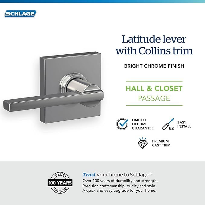 Schlage F10 LAT 625 COL Latitude Lever with Collins Trim Hall & Closet Passage Door Lock, Bright Chrome