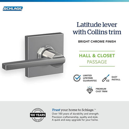 Schlage F10 LAT 625 COL Latitude Lever with Collins Trim Hall & Closet Passage Door Lock, Bright Chrome