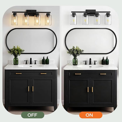 PARTPHONER 4-Light Bathroom Light Fixtures, Matte Black Modern Vanity Lights, Bathroom Lighting Fixtures Over Mirror, Square Design Farmhouse Wall Sconces with Clear Glass Shades