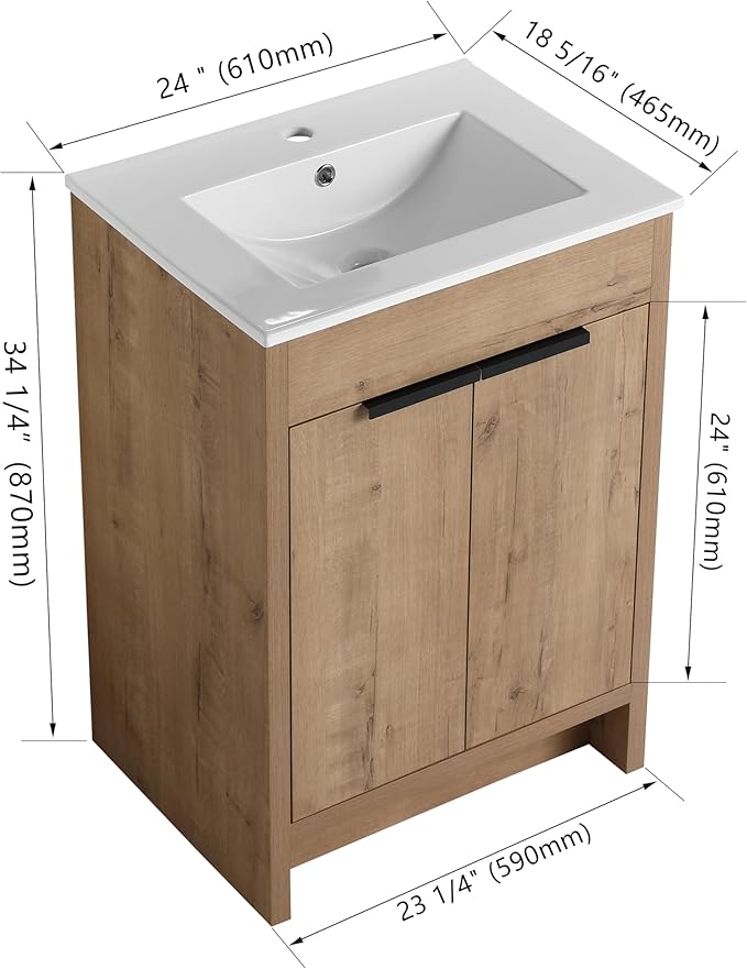 SSLine 24-Inch Bathroom Vanity with Sink Mid-Century Bathroom Vanities with Top Basin Floor Wood Bathroom Sink Cabinet with Soft-Close Doors & Adjustable Storage Shelves (Natural Brown)