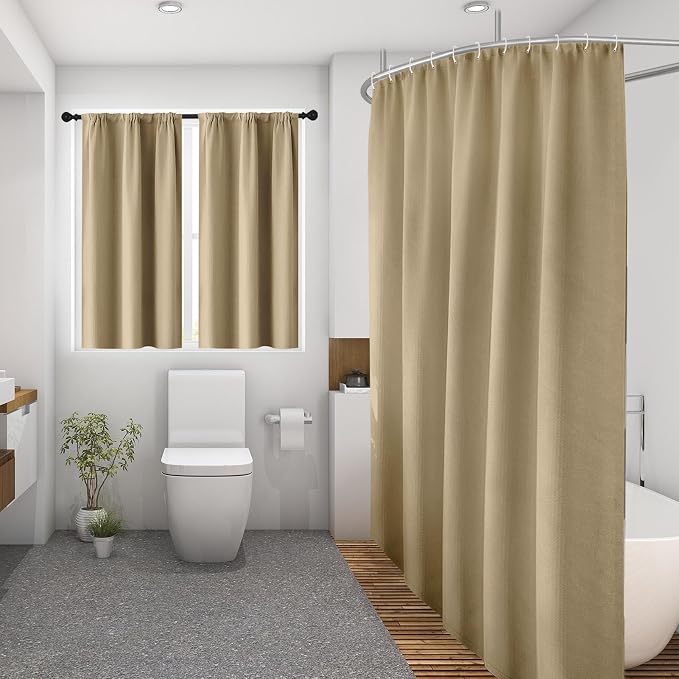 Shower Curtain Set, for Bathroom Decor 72" x 72", Modern Beige | Beige Waffle Textured Solid Waffle Textured Cloth Waterproof Matching Window Shower Curtain 36 x 30 Inches