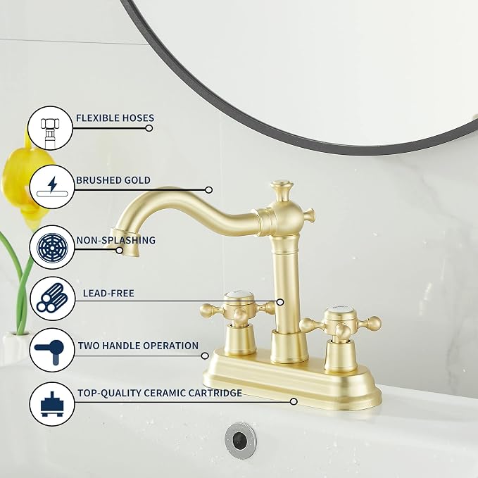 Bathroom Faucet Brushed Gold 2 Handles 4 Inches Centerset Bathroom Vanity with Drain Assembly and Supply Hose Lavatory Faucet