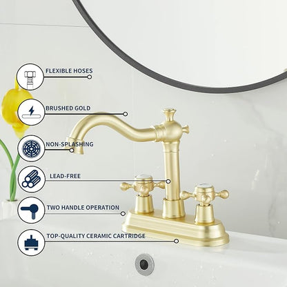 Bathroom Faucet Brushed Gold 2 Handles 4 Inches Centerset Bathroom Vanity with Drain Assembly and Supply Hose Lavatory Faucet