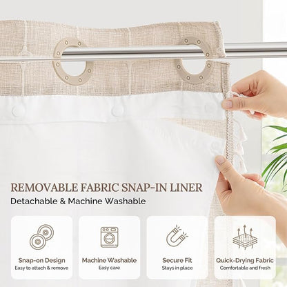 RiverDream Farmhouse No Hooks Shower Curtain with Snap-in Liner,Linen,71x74 | Snap on Fabric Liner,Heavy Duty,Quick Dry,With Bottom Magnets,Washable,with Tassels, Rustic Boho Farmhouse,Standard Size
