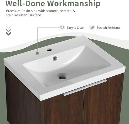 24" Bathroom Vanity with Sink, Single Sink Modern Bathroom Vanities Set, Wall-Mounted Bathroom Vanity, Floating Soft Close Door
