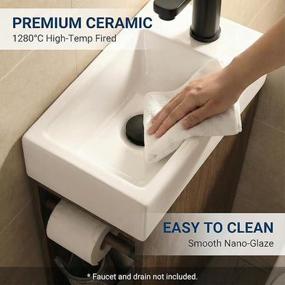 16" Small Bathroom Vanity with Sink - Walnut:Small Space Fit,2 Toilet Paper Holders & Storage Pocket,Adjustable Shelve,Soft Closing Door & Quiet Hinges,Floor-Standing Extra Storage