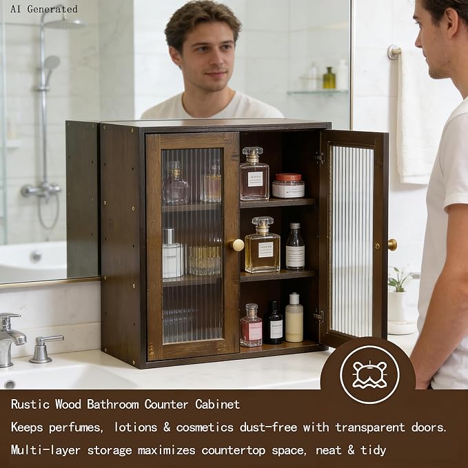 Brown Bamboo Countertop Cabinet Ribbed Glass Doors Adjustable Inner Shelves | 14.6"W×6.7"D×18.1"H magnetic double door cabinet,removable partition,for perfume essential oil kitchen pantry display storage