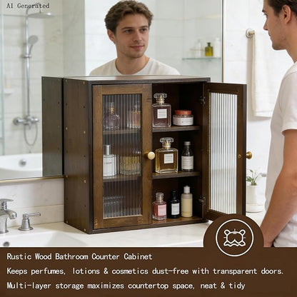Brown Bamboo Countertop Cabinet Ribbed Glass Doors Adjustable Inner Shelves | 14.6"W×6.7"D×18.1"H magnetic double door cabinet,removable partition,for perfume essential oil kitchen pantry display storage