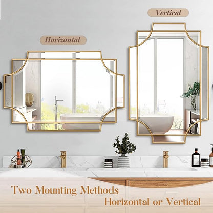 Gold Bathroom Mirror for Wall, 24"x36" Rectangle Vanity Mirror, Polished Beveled Modern Decorative Mirror for Entryway, Living Room, Bedroom (Horizontal/Vertical)