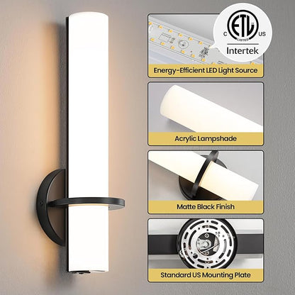 Wall Sconce Light - 15 inch Modern Black Bathroom Light Fixtures Wall Sconces Set of Two Dimmable LED Sconce Lighting, 15W 3000K Wall Light with Acrylic Shade for Bedroom Stairway Living Room