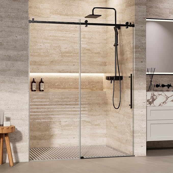 Shower Glass Door with Waterroof Seal Strip (56-60" W x 75 "H), Frameless Shower Sliding Door with Clear SGCC Tempered Glass 5/16" (8mm), Stainless Steel Hardware, Black