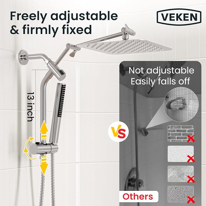 Veken 10" Luxurious Rain Shower Head with Handheld, High Pressure Rainfall Shower Heads wih Extension Arm, Wide Dual Showerhead with Spray Combo, Bathroom Accessories, Chrome, Silver