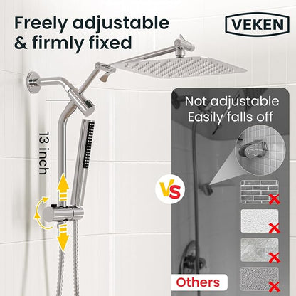 Veken 10" Luxurious Rain Shower Head with Handheld, High Pressure Rainfall Shower Heads wih Extension Arm, Wide Dual Showerhead with Spray Combo, Bathroom Accessories, Chrome, Silver