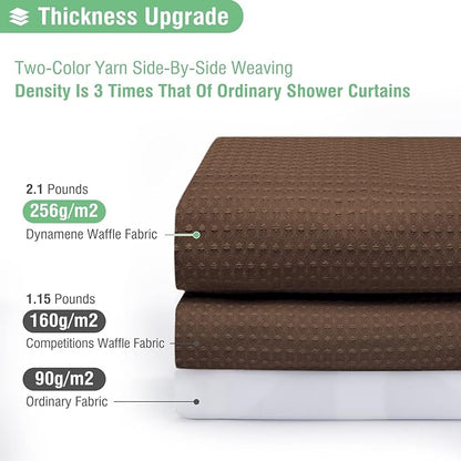 Extra Wide Waffle Shower Curtain 256 GSM Fabric 84x72 Brown | 84 Inch Wide, Thick Cloth, Weighted Hem, Water Repellent, Hotel Luxury Polyester Shower Curtain Set for Bathroom 14 Hooks