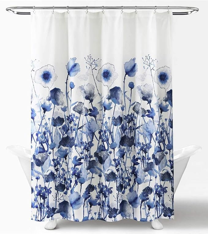 Lush Decor Zuri Flora Shower Curtain-Fabric Watercolor Floral Print Design, x 72”, Navy