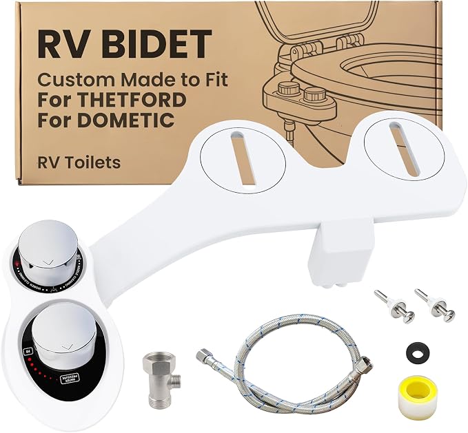 RV Bidet Toilet Seat Attachment, RV Bidet for Camper Toilet with Dual Nozzles, Self/Rear/Front Cleaning, Non-Electric, Adjustable Water Pressure, Fresh Water (Chrome Knob)