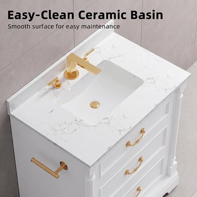YESHOMY 30" Bathroom Vanity with Sink, Marble-Look Countertop, White | Freestanding Storage Cabinet with Ceramic Basin, Tilt-Out Drawer and Additional Drawers for Bathroom