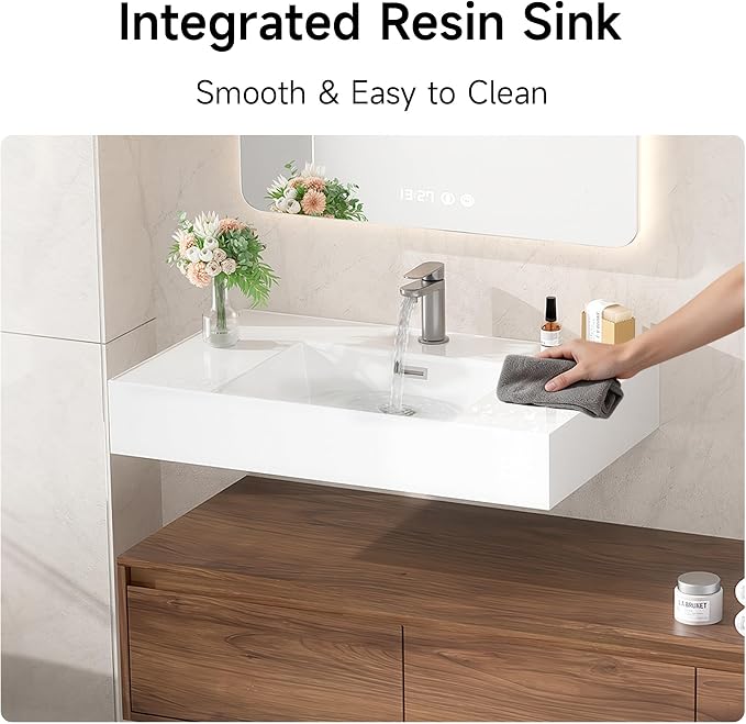 60 Inch Floating Bathroom Vanity with Single Sink, Modern Wall-Mounted Bathroom Cabinet with Resin Sink & Soft Close Drawers, Split-Level Layout (Walnut, 60")
