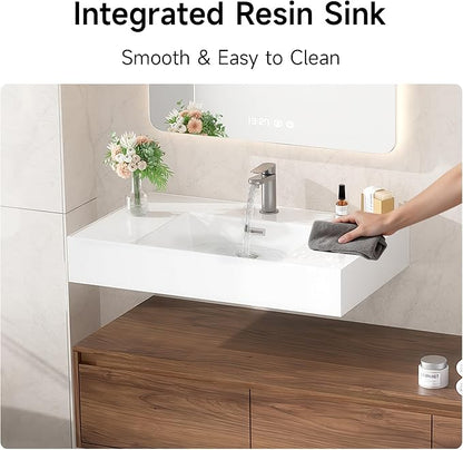 60 Inch Floating Bathroom Vanity with Single Sink, Modern Wall-Mounted Bathroom Cabinet with Resin Sink & Soft Close Drawers, Split-Level Layout (Walnut, 60")