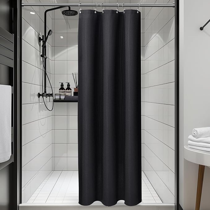 3 in 1 Shower Curtain Set, Waffle Shower Curtain and Liner Set with 6 Double Sided Shower Curtain Hooks, 258GSM Luxury Weighted Cloth Shower Curtain for Shower Stall, 36 W x 72 H, Black