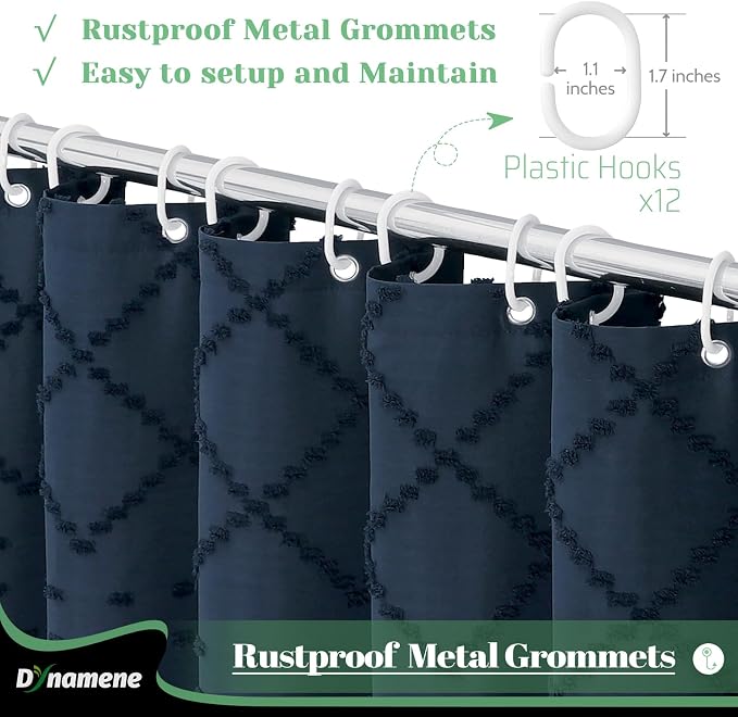 Boho Farmhouse Shower Curtain Tufted Geometric 72"x72" Navy Blue | Elegant Tassel, Soft Lightweight Textured Cloth, Water Repellent, Washable, Hotel Spa, for Bathroom/Dorm/Apartment 12 Hooks